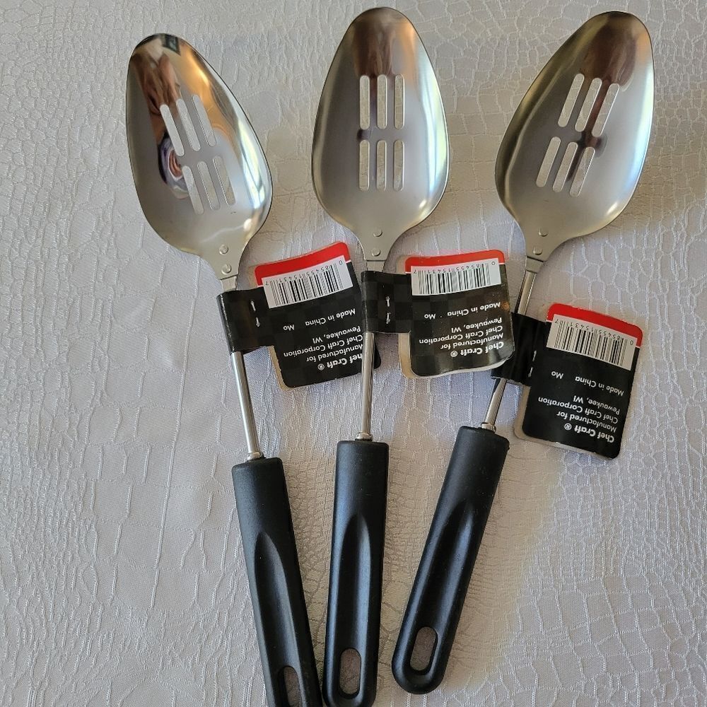 3 Chef Craft Basic Stainless Steel Slotted Spoons, 11.75 inch, Black